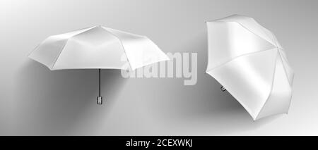White umbrella, blank parasol front and side view mock up. Waterproof accessories for rainy autumn weather, design element isolated on grey background. Realistic 3d vector illustration, icons, clipart Stock Vector