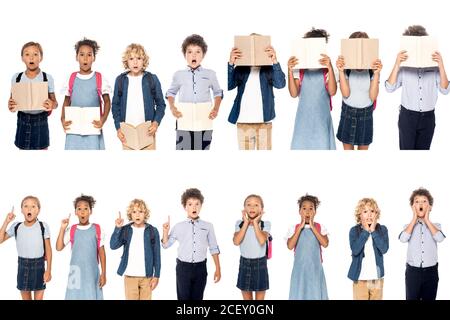 collage of multicultural schoolgirls and schoolboys covering faces with books, touching faces and showing idea sign isolated on white Stock Photo