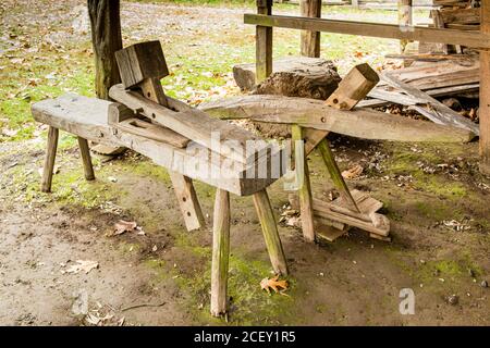 Northern Georgia, Oconaluftee Visitor Center and Mountain Farm Museum, Workbenches Stock Photo