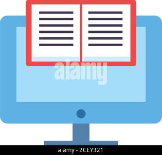 computer with ebook flat style icon design, Book download elearning electronic library technology digital and education theme Vector illustration Stock Vector