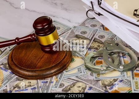 Judge's gavel with the United States flag legislation and law judge police handcuffs