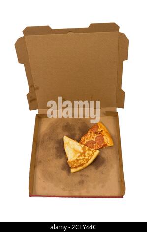 Vertical isolated shot of a delivered pizza with most of the slices of pizza eaten, but still some left. Stock Photo