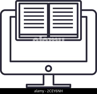 computer with ebook line style icon design, Book download elearning electronic library technology digital and education theme Vector illustration Stock Vector