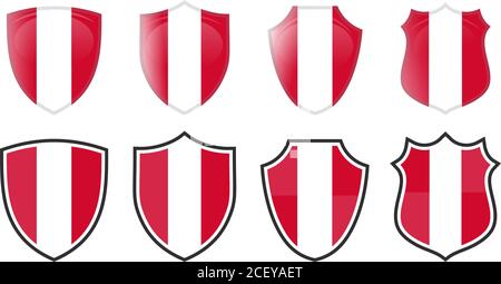 Vertical red and white Austria flag in shield shape, four 3d and simple versions. Austrian icon / sign Stock Vector