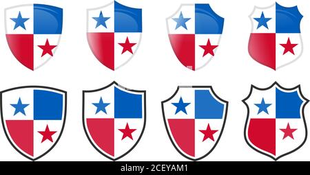 Vertical Panama flag in shield shape, four 3d and simple versions. Stock Vector