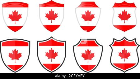Vertical Canada maple leaf flag in shield shape, four 3d and simple versions. Canadian icon / sign Stock Vector