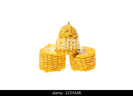 Three pieces of corn cobs isolated on white background. Stock Photo