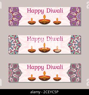Horizontal banner templates for Indian Festival Of Happy Diwali Celebration. Creative website hader o banner Design. Vector color illustration. Stock Vector