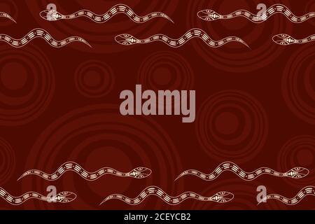 Seamless horizontal border pattern with snake and smooth round shapes on background. Space for text. Australian art. Aboriginal painting style. Stock Vector