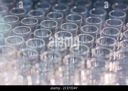 Pharma industry, science, medicine, experiment, chemistry, research and healthcare concept. Medical empty glass vials in showcase at pharmaceutical Stock Photo