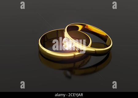 Pair of gold and diamond wedding rings isolated on dark background. 3d illustration. Stock Photo