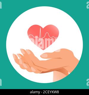 Heart health in the caring hands of a woman. Stock Vector