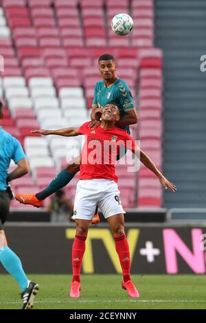 Lisbon, Portugal. 2nd Sep, 2020. David Carmo of SC Braga (top ) vies with  Vinicius of SL Benfica during the pre season friendly football match  between SL Benfica and SC Braga at