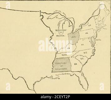 . Territorial and commercial expansion of the United States, 1800-1900. No. 6.—1802-1804. Ohio Admitted as a State and the Remainder of the Territory Northwest of TnE Ohio Attached toIndiana Territory (1S02).—Geohqia Cedes Her Westbrs Territory to the Union (1802), and rais Area and TnE Unor-ganized Territory South of Tennessee were Incorporated with Mrssu ill p: Tl i ritory (1804). 370 TERRITORIAL AND COMMERCIAL EXPANSION OF THE UNITED STATES. [Arausr, 1861. Territory of Colorado organized boundaries identical with those of the present State of Colorado, being made up from portionsof Idaho, U Stock Photo