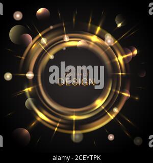 The shining round banner. Bright yellow curves with spangles and elements a side.Abstract technical background with glowing lines. Template for design Stock Vector