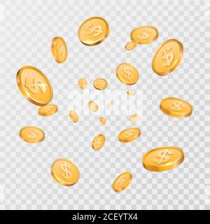 Falling gold coins on a transparent isolated background. Flying dollars. 3D elements.Money explosion.Elements for design.Vector illustration. Stock Vector