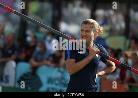 Lausanne, Switzerland. 02nd Sep, 2020. LAUSANNE, SWITZERLAND - SEP 02: Marion LOTOUT of France during the warm-up of the Pole Vault Athletissima Lausanne City Event counting for the Diamond League 2020 at the Place de l'Europe in Lausanne Credit: Mickael Chavet/Alamy Live News Stock Photo