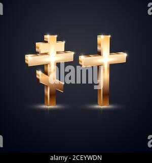 Holy Orthodox and Catholic crosses.Golden glowing symbols of faith.Christian Design Elements 3D.Vector Illustration. Stock Vector