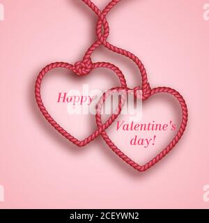 Bound red hearts from a rope on a pink background. A template for the wedding invitation, a congratulation. St. Valentine's Day. Sea romanticism. Desi Stock Vector