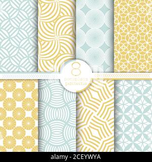 Set of vector seamless patterns. Modern stylish textures. Regularly repeating geometrical ornaments with striped rhombuses, stars, circles, arcs. Stock Vector