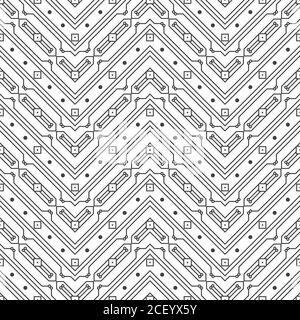 Vector seamless pattern. Abstract geometrical background. Original linear techno texture with repeating curved thin lines zigzag form, dots, squares. Stock Vector
