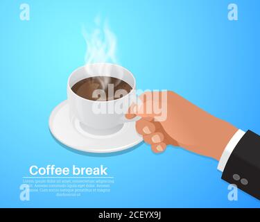 Coffee break.Businessman hand holds a cup with a drink.Pause in work.3D. Isometry. Vector illustration. Stock Vector