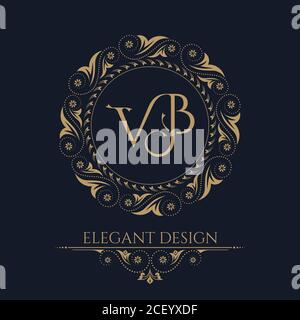 The monogram from the intertwining letters VB in an elegant flower frame. Baroque style. The place for the text. A golden template for cafe, bars, bou Stock Vector