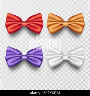 Set of bow ties on an isolated transparent background.Multi-colored accessories of men's clothing with a shadow.Realistic decoration with texture.3D v Stock Vector