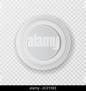A white plastic plate on a transparent insulated background.Disposable tableware. Layout.Kitchen accessory. Design Template 3D.Vector realistic illust Stock Vector
