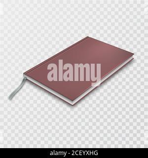 A closed notebook with a brown cover on an isolated transparent background.Мock-up.3Д book with bookmark.A realistic template for shadow design. Vecto Stock Vector