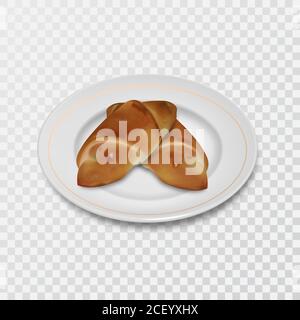 Two fresh croissants on a ceramic plate.Realistic pastry on the dish. Concept of cooking.Design elements. 3D vector illustration. Stock Vector