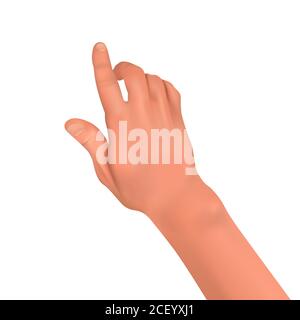 Realistic human hand on a white isolated background.Finger gesture in the form of touching, pressing, pointing.Element for design. 3D vector illustrat Stock Vector