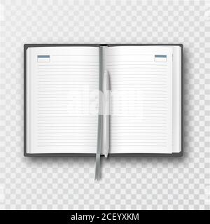 Opened notebook with bookmark and fountain pen. Office supplies on a transparent isolated background. The blank ruled pages. The model for design. Мoc Stock Vector