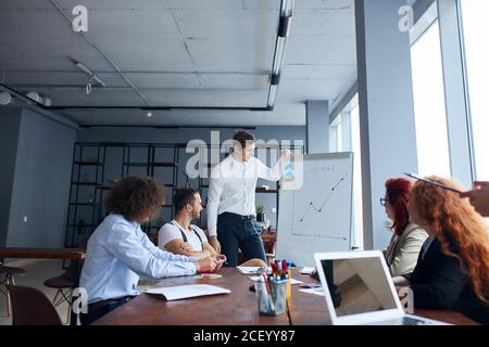 Young business coworkers gathered to discuss business project together on flip chart in modern office, using laptops, tablets, colorful pencils. Creat Stock Photo