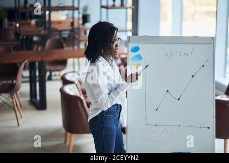 black businesswoman stand talking explaining making flip chart presentation for office employees using diagrams, motivated african American speaker co Stock Photo