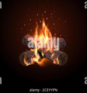 A bonfire with flying sparks on a dark background. Burning Wood.3D.Realistic vector illustration. Stock Vector