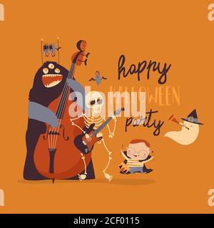 Crazy music party with band of cartoon Halloween characters Stock Vector
