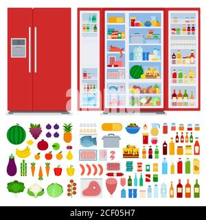 Set of refrigerators and different products vector illustration in a flat design. Stock Vector