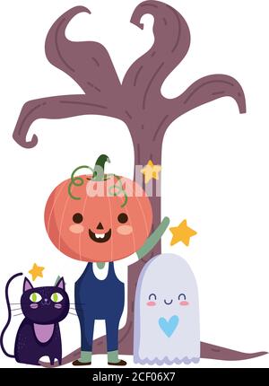 happy halloween, boy pumpkin costume ghost cat dry tree cartoon, trick or treat party celebration vector illustration Stock Vector