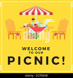 Summer picnic outdoors, on a yellow background with text illustration in a flat design. Stock Vector