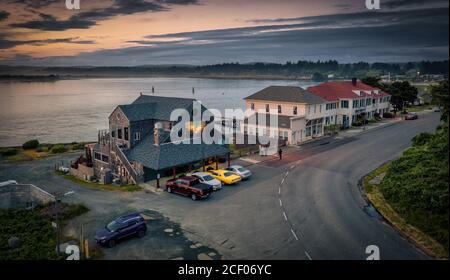 Beautiful aerial of Edgewater Restaurant and Old Coastguard Building in Bandon, Oregon. Stock Photo