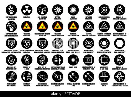 Full set of laser, X-ray, infrared, ultraviolet, optical radiation icons with international standard ISO description Stock Vector