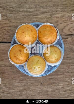 Plain cupcakes on a white plate on table. Top view Stock Photo
