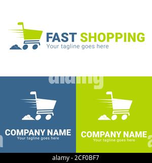 Fast shopping concept logo design template. Shopping cart vector illustration isolated on white background. Shopping cart in motion logo design. Shopp Stock Vector
