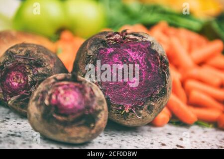 Beets and carrots vegetables harvest background Stock Photo