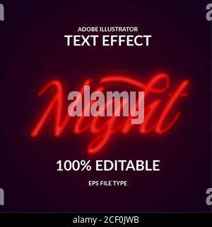 Red color neon glow color. Script editable adobe illustrator text effect. Glowing text for night club title Stock Vector
