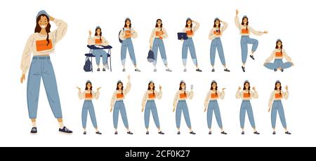 A set of different poses and gestures of a female student in modern clothes. Daily activity at school, at work, a girl in a store, with a phone, with a laptop. Flat cartoon vector illustration isolated on white background Stock Vector