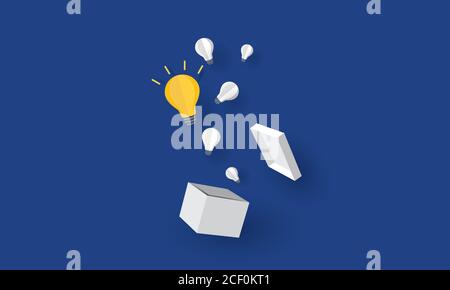 Glowing light bulb float over cardboard box, Think out of the box, Business concept Stock Photo
