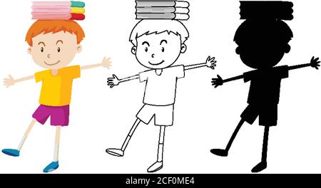 Boy balancing books on his head in color and outline and silhouette illustration Stock Vector