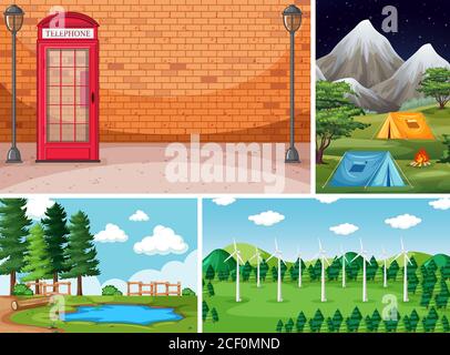 Four different scenes in nature setting cartoon style illustration Stock Vector